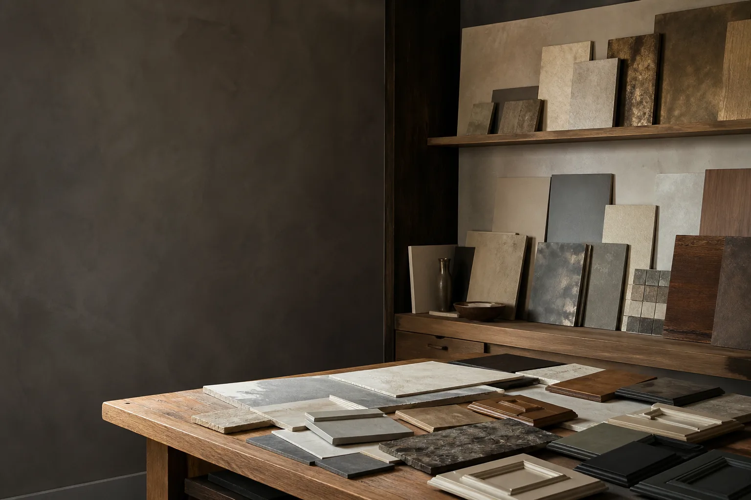 Curated decorative finish and cabinet samples in a warm studio setting
