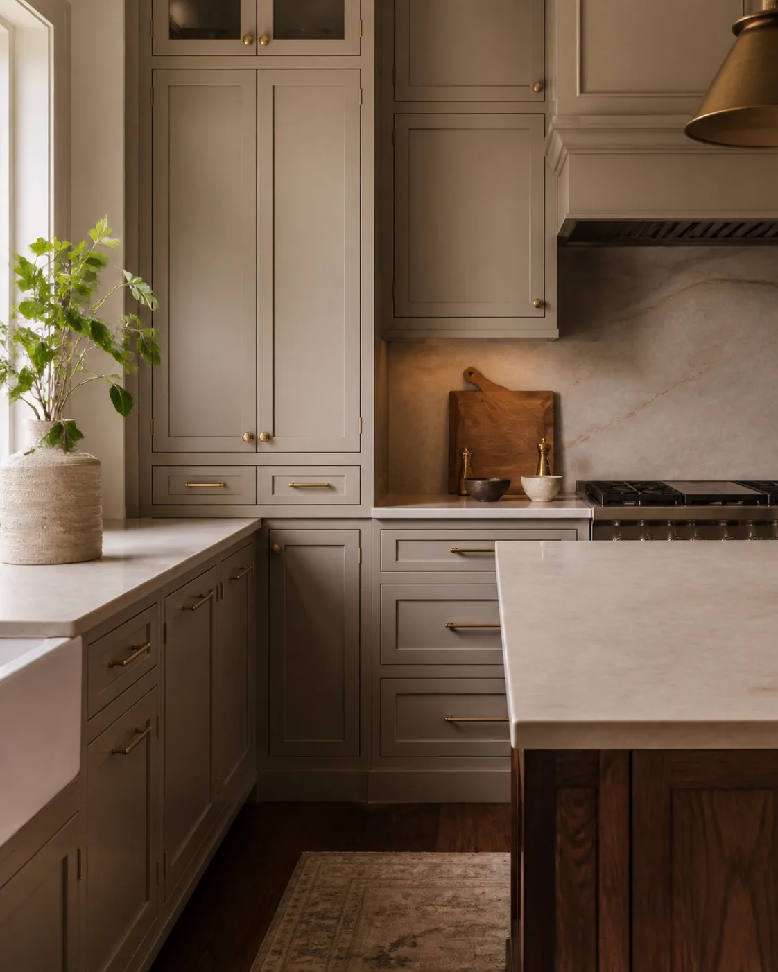 Mushroom-colored painted kitchen cabinetry with a refined finish