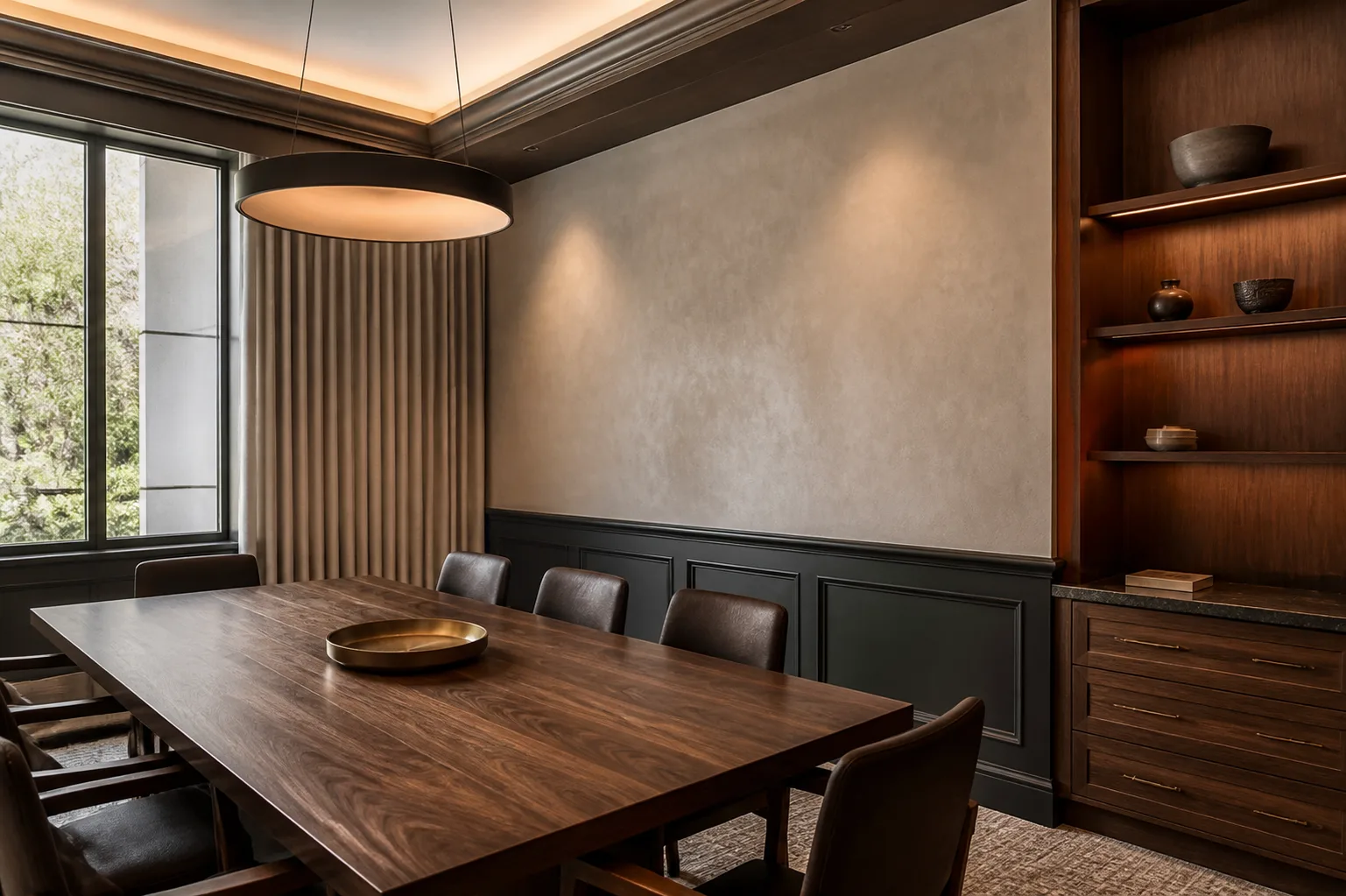 Meeting room with a decorative wall finish and stained woodwork