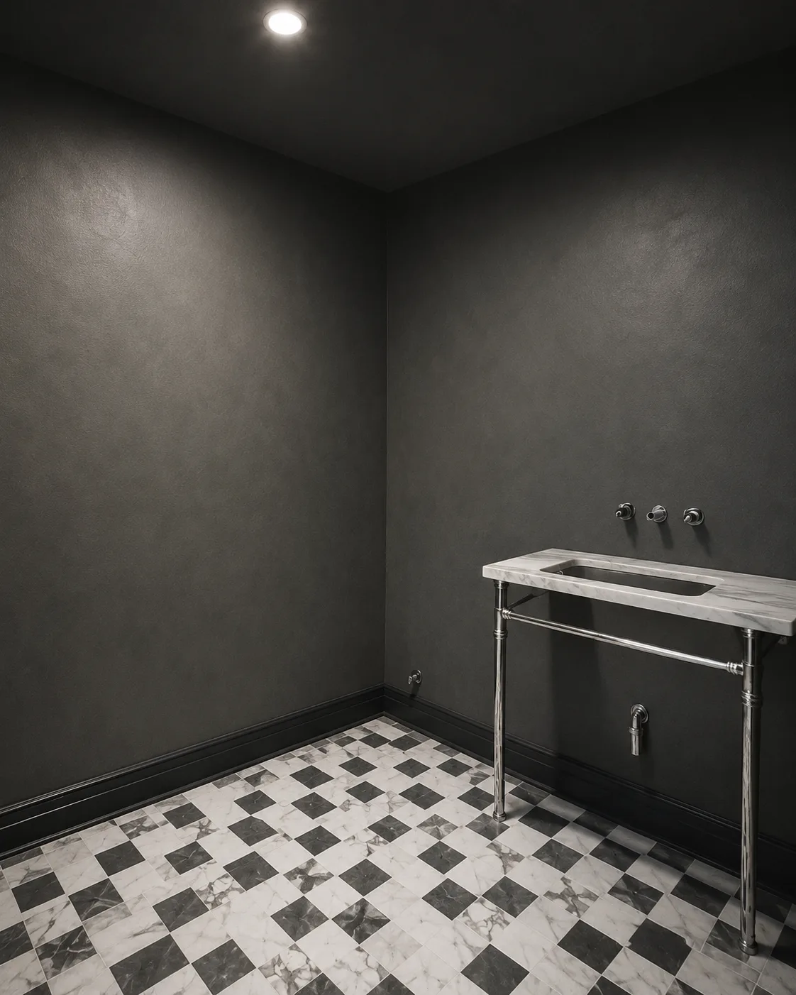 Powder room with charcoal faux-finished walls and trim, a checkerboard stone floor, and a metal console sink