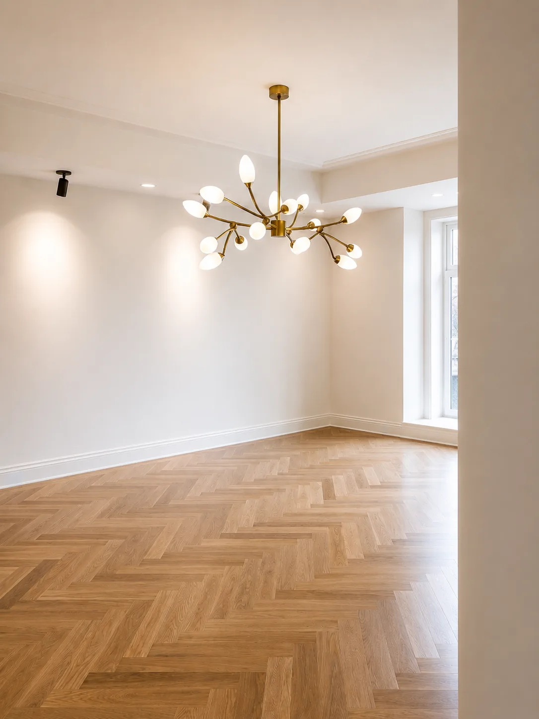 Warm neutral dining room with freshly finished walls, white trim, and a sculptural brass chandelier