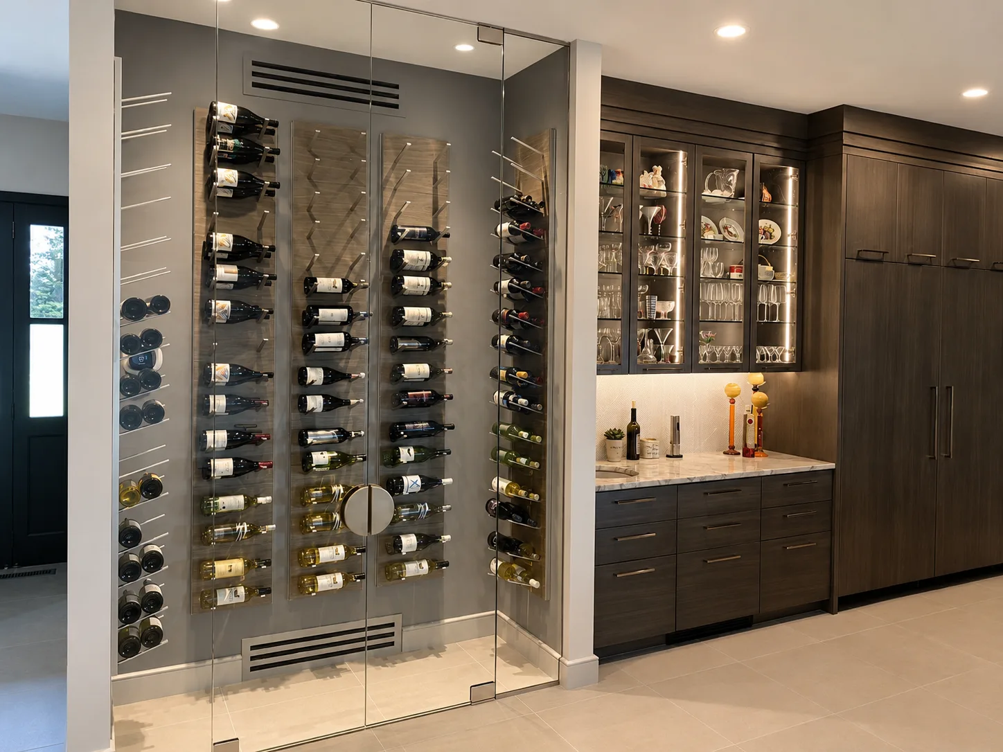 Glass wine room beside dark finished cabinetry, illuminated shelves, and a stone counter