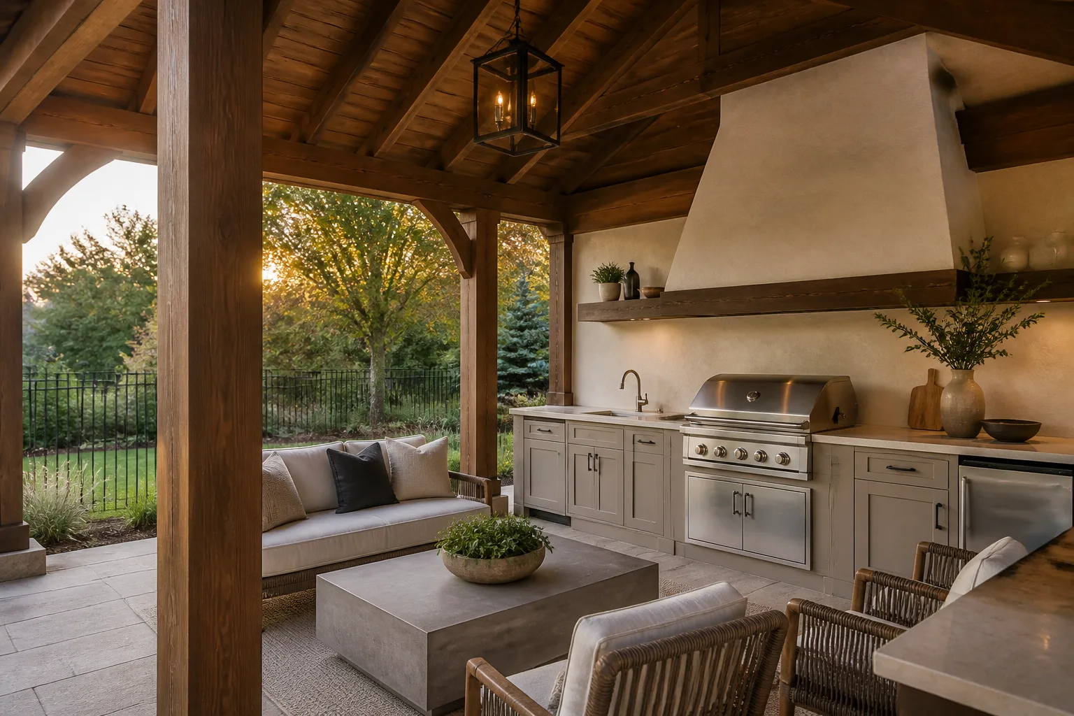 Covered gazebo and outdoor kitchen with stained timber, painted cabinetry, and a softly finished feature wall