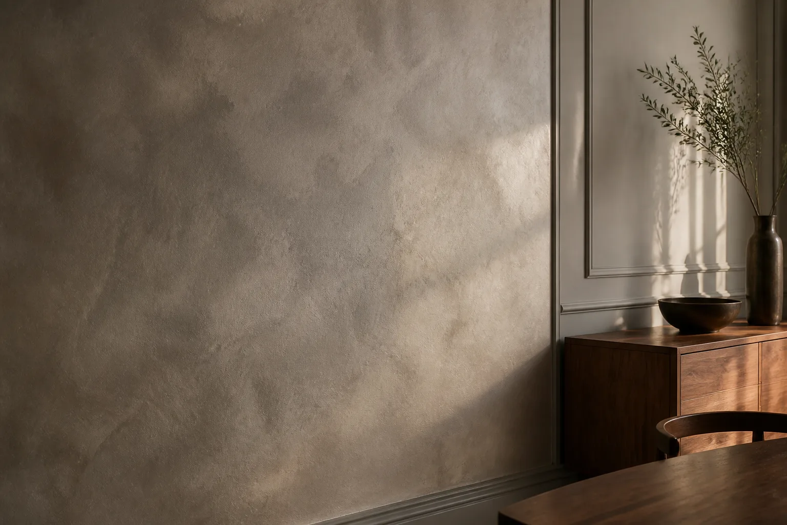 Warm layered plaster-style wall with painted molding and a walnut console