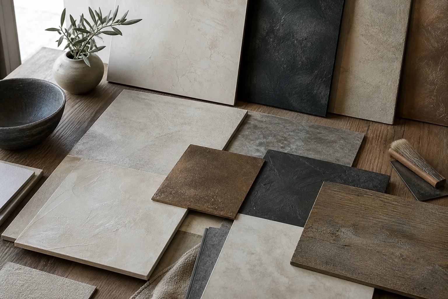 Decorative finish sample boards arranged on a worktable