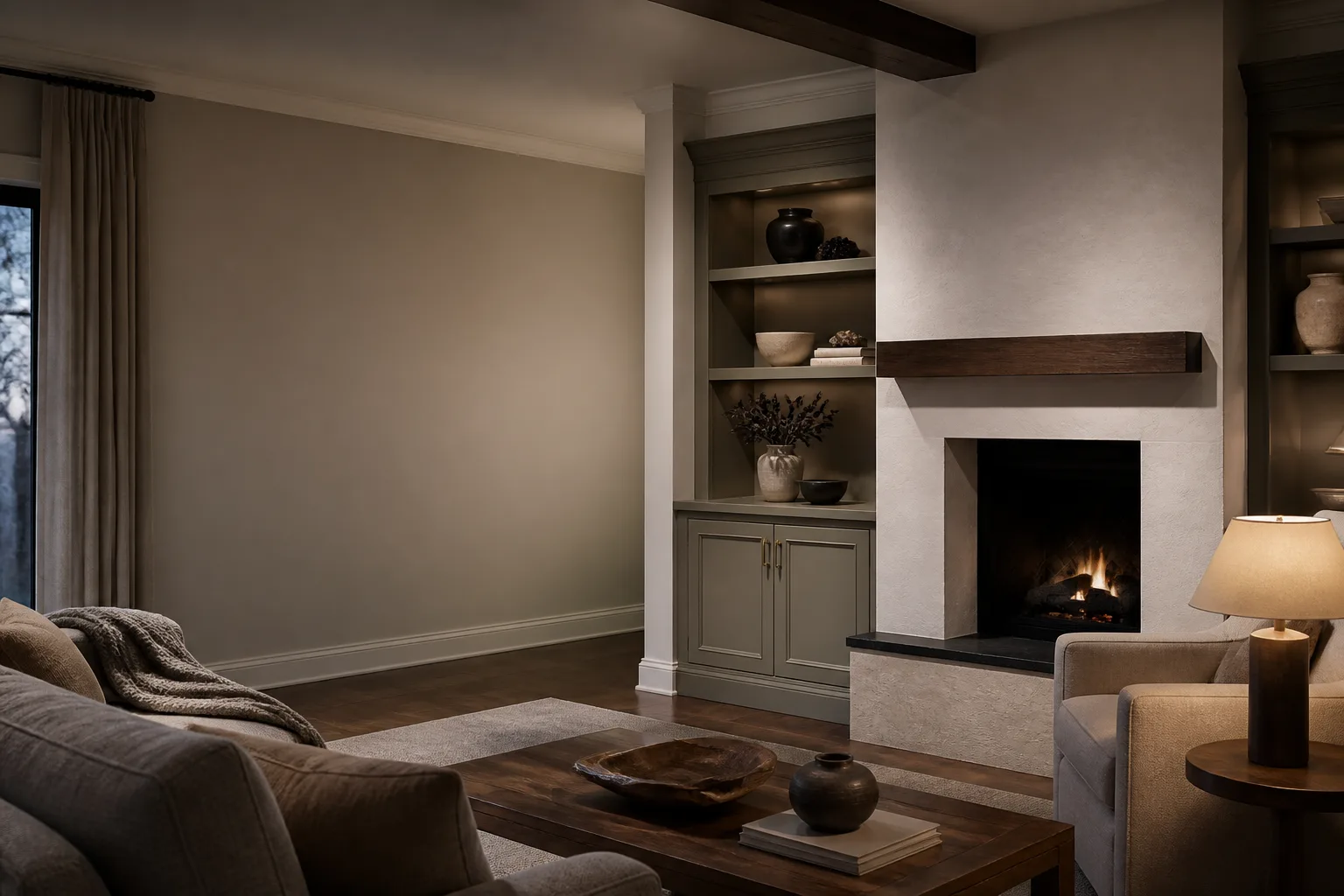 Living room with glazed built-ins, a textured fireplace, and stained wood details