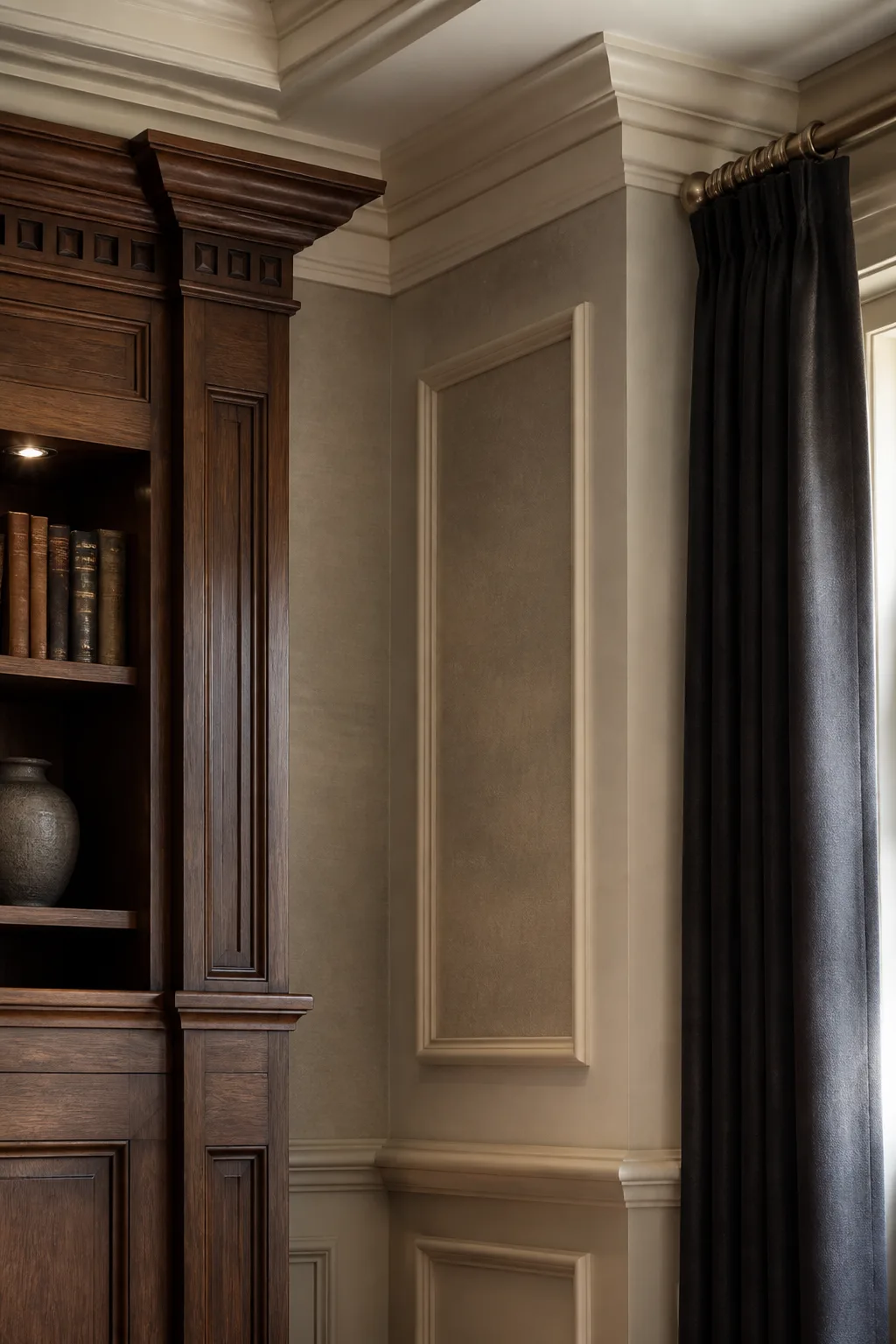 Stained millwork, painted trim, and a softly textured wall