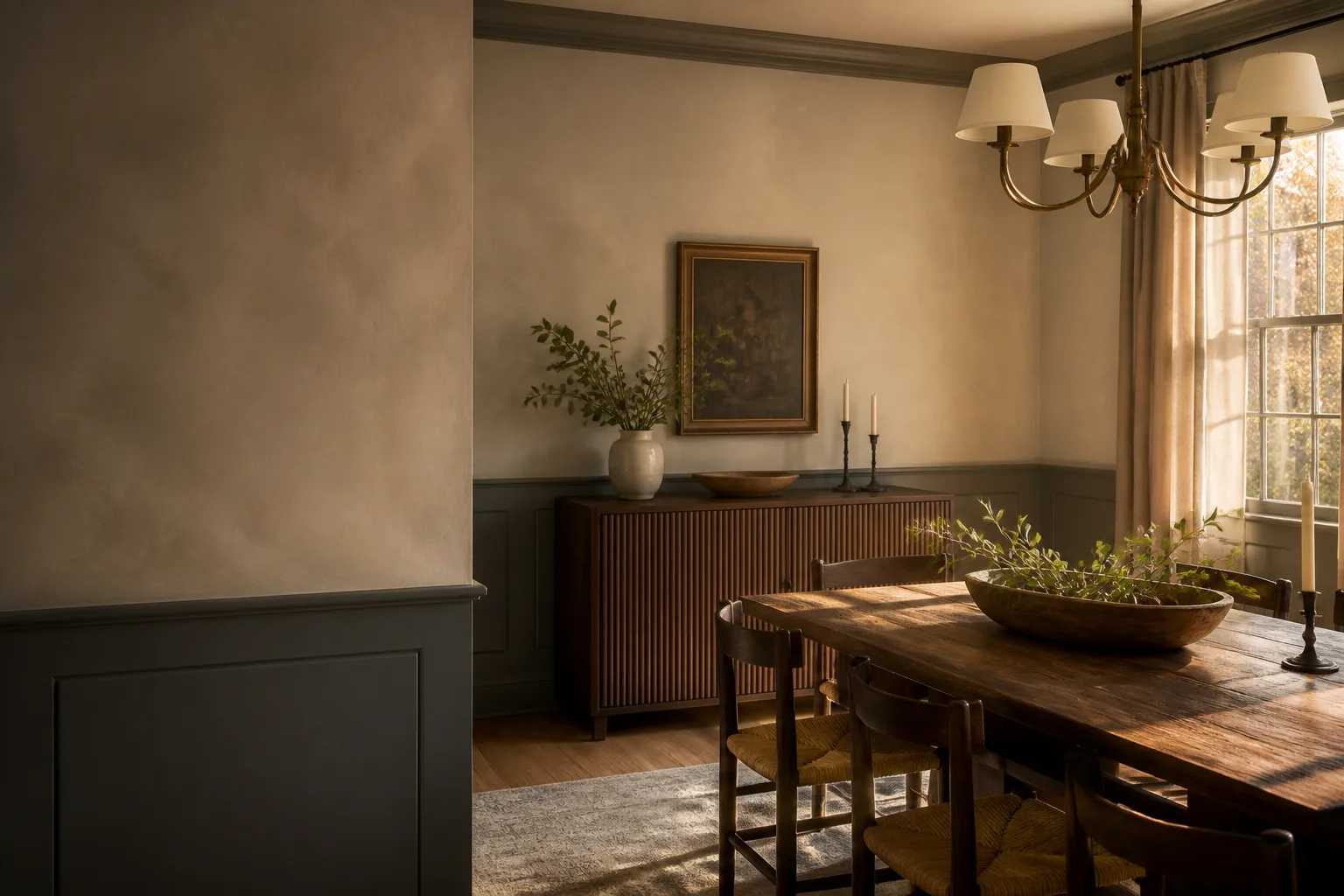 Dining room with subtle limewash-style walls, millwork, and warm wood furniture
